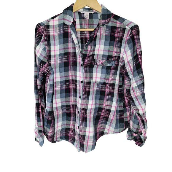 Victoria's Secret Flannel Button Up Sleep Shirt Pajama Top Black Pink Plaid - Picture 1 of 5